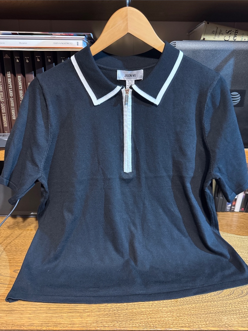 Jason Wu Black Polo Top with White Trim Zip Front